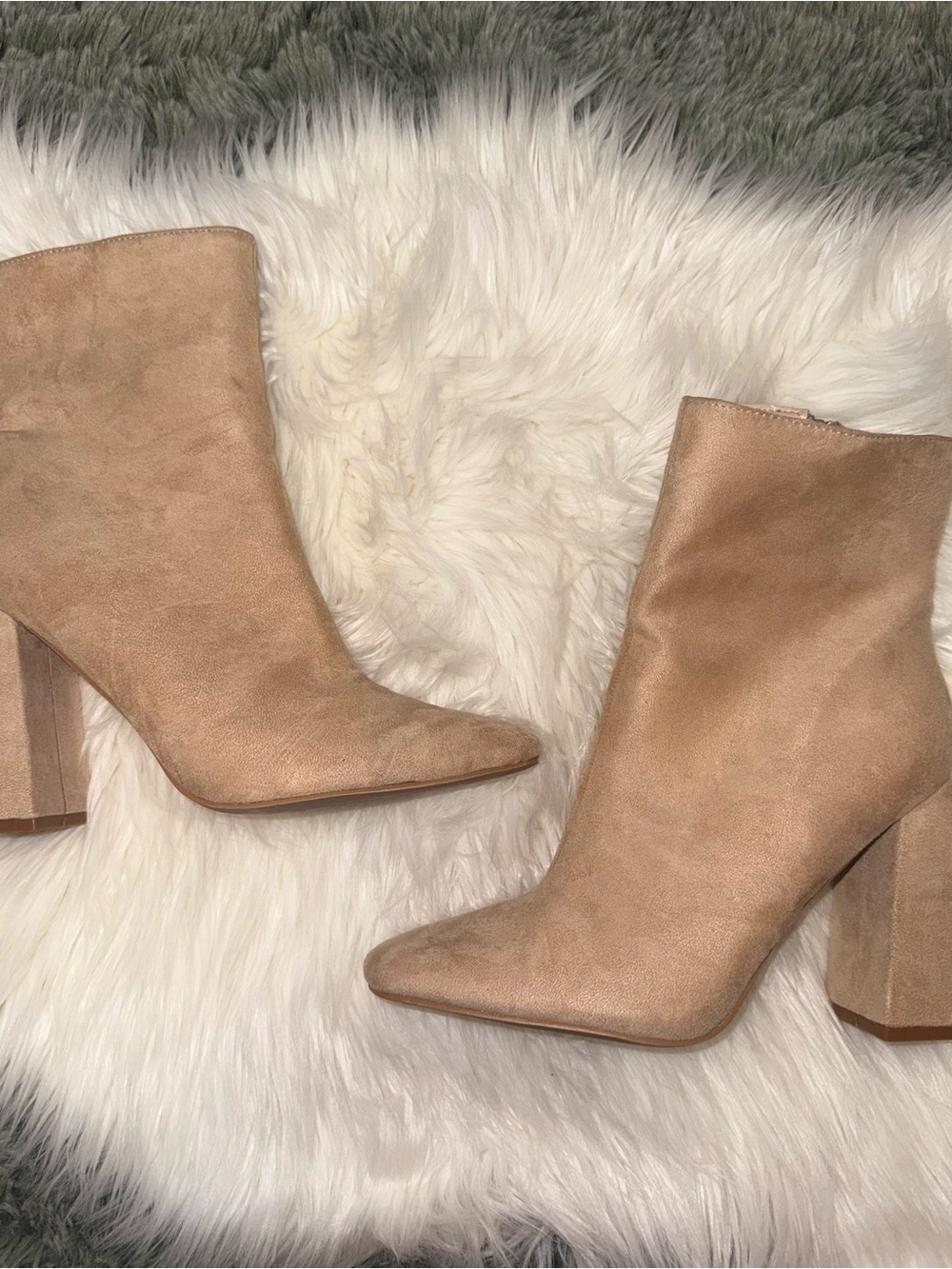 Fashion Nova Beige Suede Pointed Toe Block Heel Ankle Boots